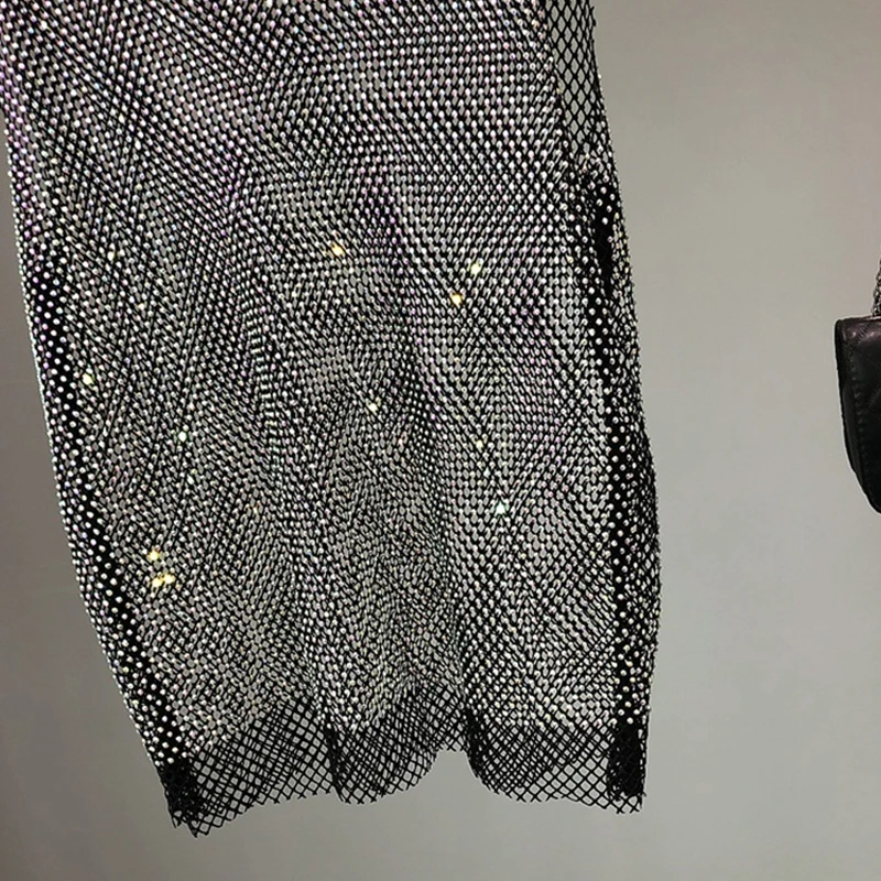 Damen Strass-Netz-Tanktop mit AB-Kristallen, ärmelloses, transparentes Überwurf-Oberteil für Nachtclub, Party, Festival, Weste, Kleid für Damen – Detail 9
