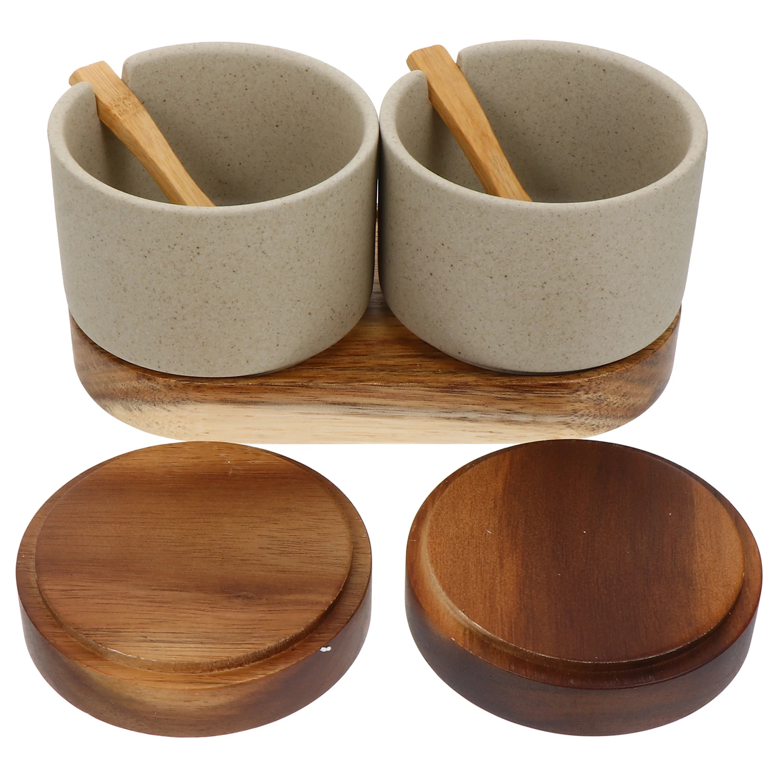 

Ceramic Condiment Jars Set With Wood Lid Spoon Seasoning Storage Can Salt Sugar Jar For Kitchen Container