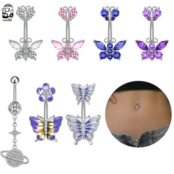 Surgical Steel Cute Butterfly Belly Button Rings Fashion Crystal CZs Dangled Navel Piercing Ombligo Women Body Jewelry 1.6*10mm