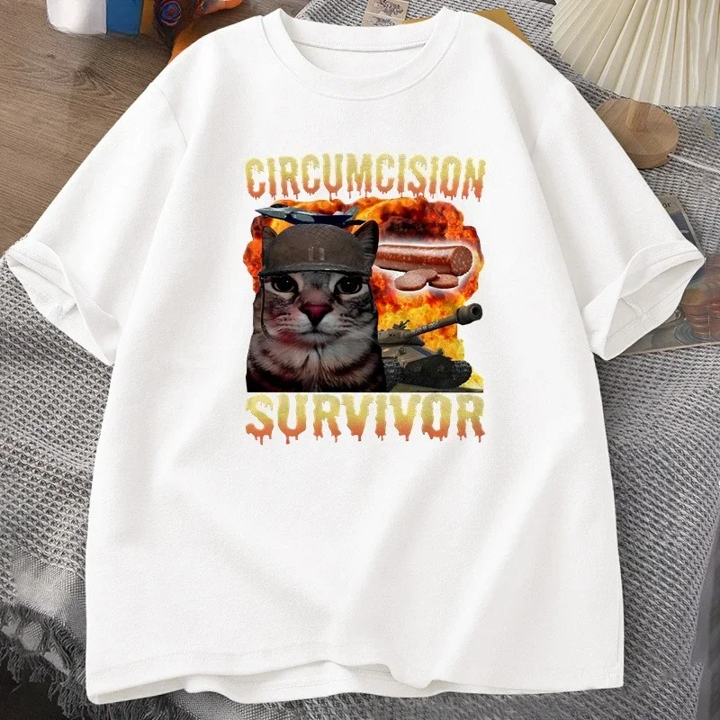 Circumcision Survivor Funny Cat Meme T-shirt Brainrot T Shirt Unhinged Clothes Weird Tee Shirt Women Clothing Streetwear Tshirt