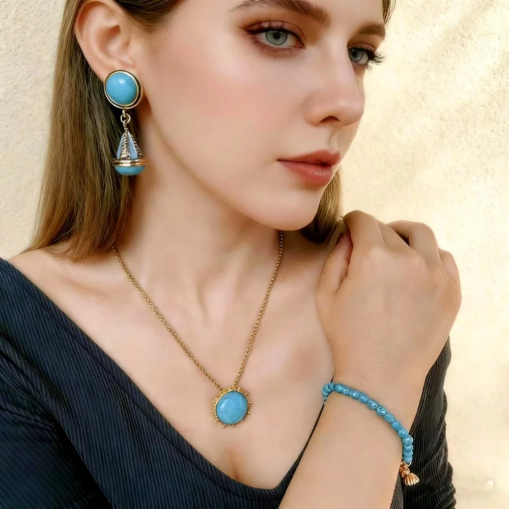 

Boho Turquoise Natural Stone Jewelry Set Trendy 2025 Earrings Necklace Bracelet Combo Gift for Women Girls Party Daily Wear