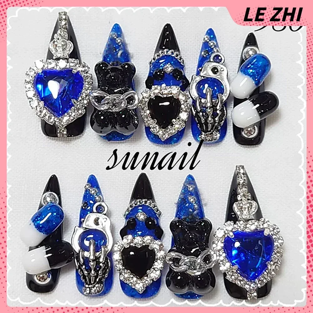 Japanese Y2K Spicy Girl Gothic Retro Handmade Full Cover Nail Tip Almond Bear Love Blinking Rhinestones Luxury Press on Nails