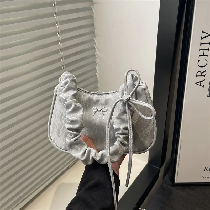 Lightweight Bow Square Shoulder Bags for Women Korean Style Ladies Underarm Bag Simple Female Pleated Drawstring Handbags Purse