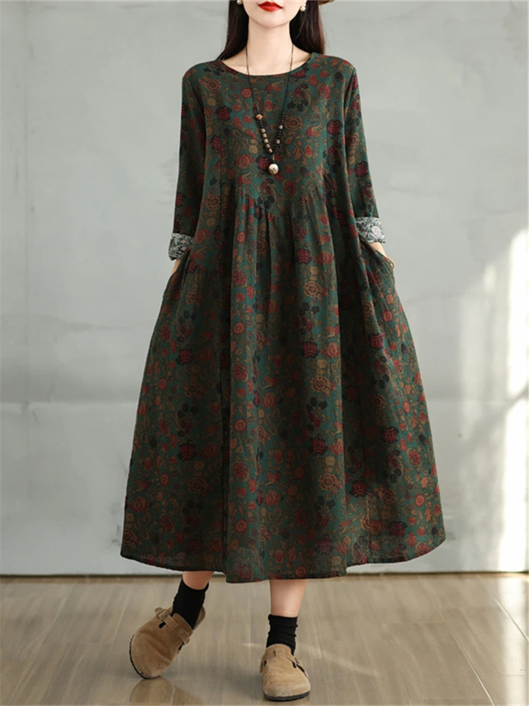 Cotton Vintage Print Floral Dresses 2026 Women Spring Autumn Casual Loose Long Sleeve Dress Femme Robe Vestidos Elegant Clothing