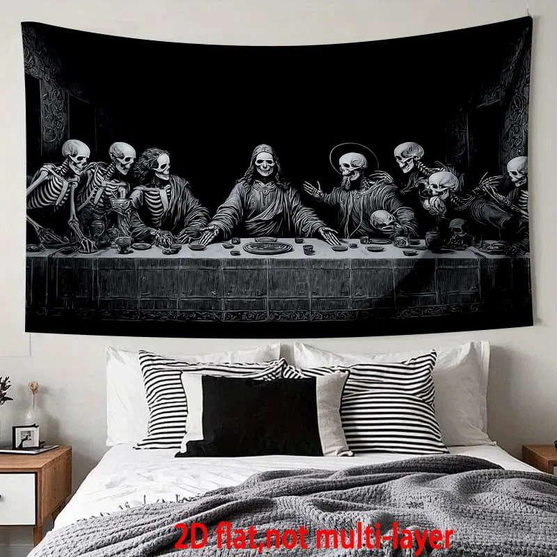 VIKAMA Dark Skull Edition Last Supper Tapestry Wall Art Hanging for Bedroom Living Room Decor Gothic Black and White Skeleton