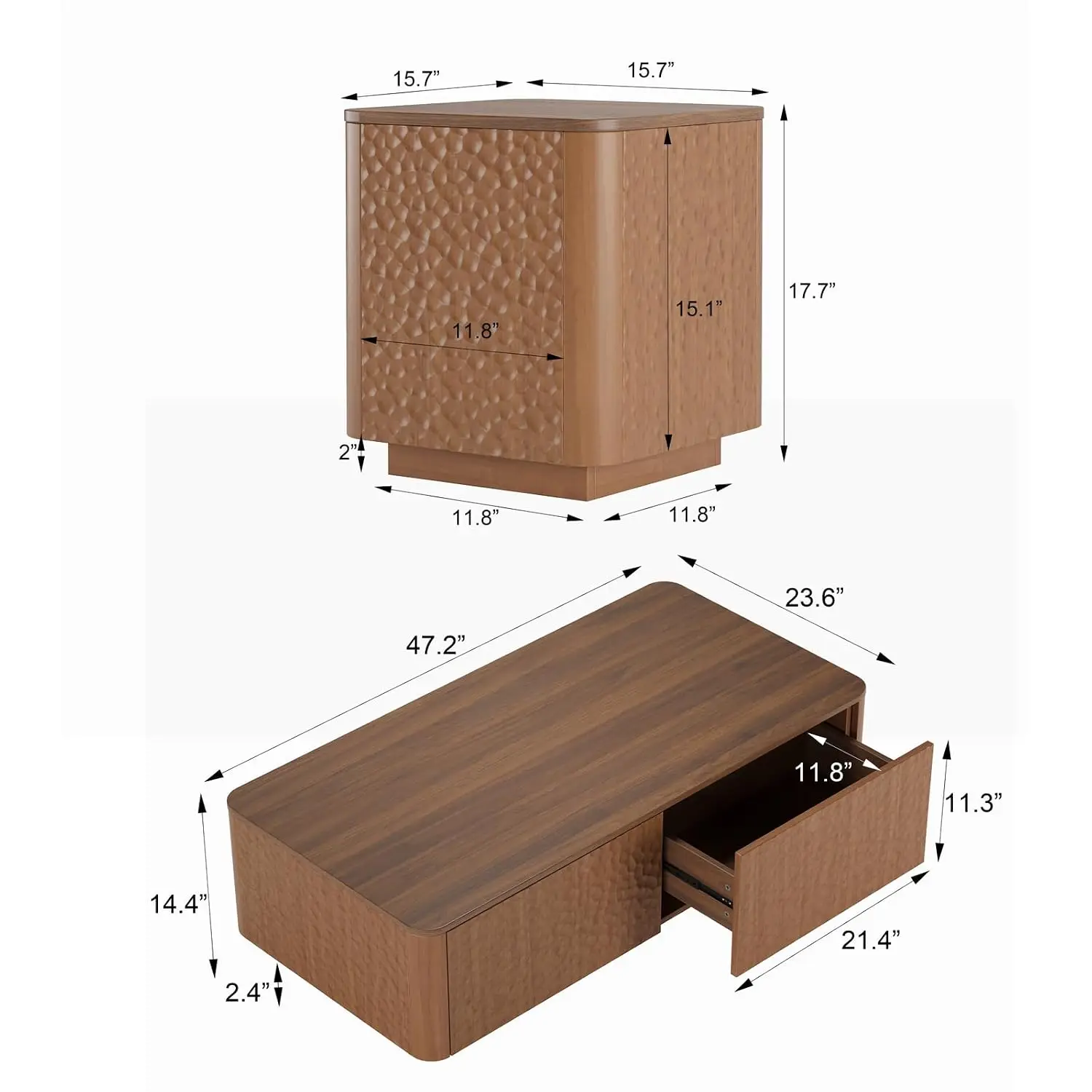 Mid Century Modern Hammer Texture Coffee & End Table Set with Drawers Safe Curved Corners for Living Room Office, Customized