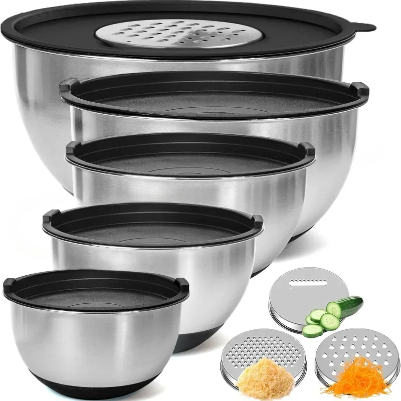 Stainless Steel Mixing Bowls with Lids Set, 3 Grater Attachments, Airtight Lids, Non-Slip Silicone Base Mixing Bowl Set