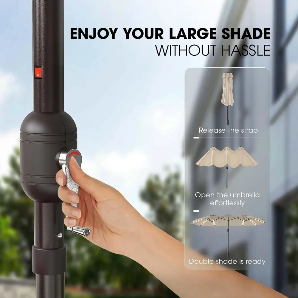 Dupla face Pátio Umbrella com Base, Manivela Handle, Resistência Superior, 15ft, ao ar livre