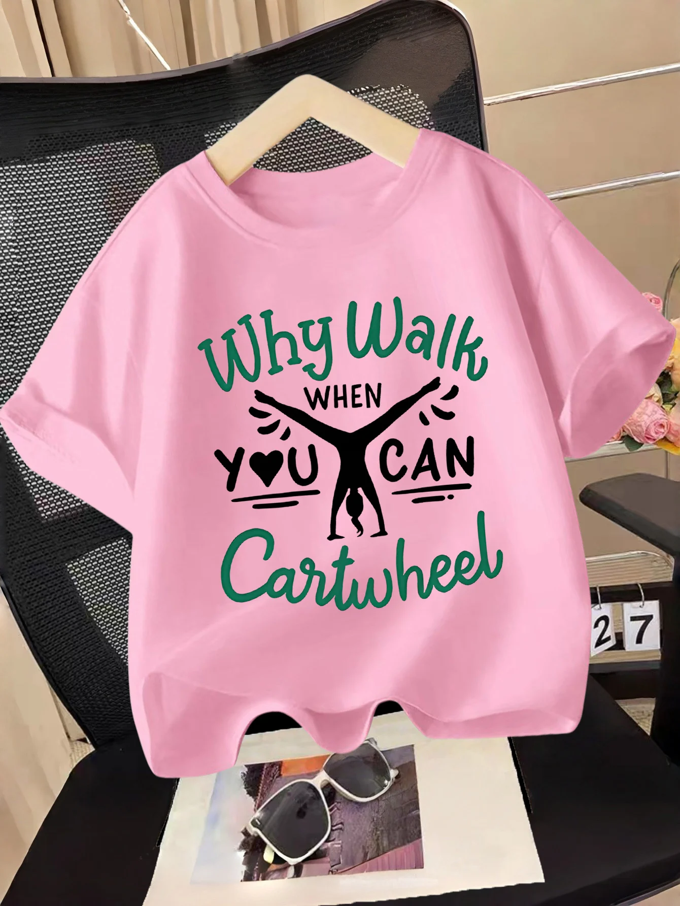 Why Walk When You Can Cartwheel Gymnastics Letter Graphic Print T Shirt Family Matching Boys Girls Kids Short Sleeve Daily Tees