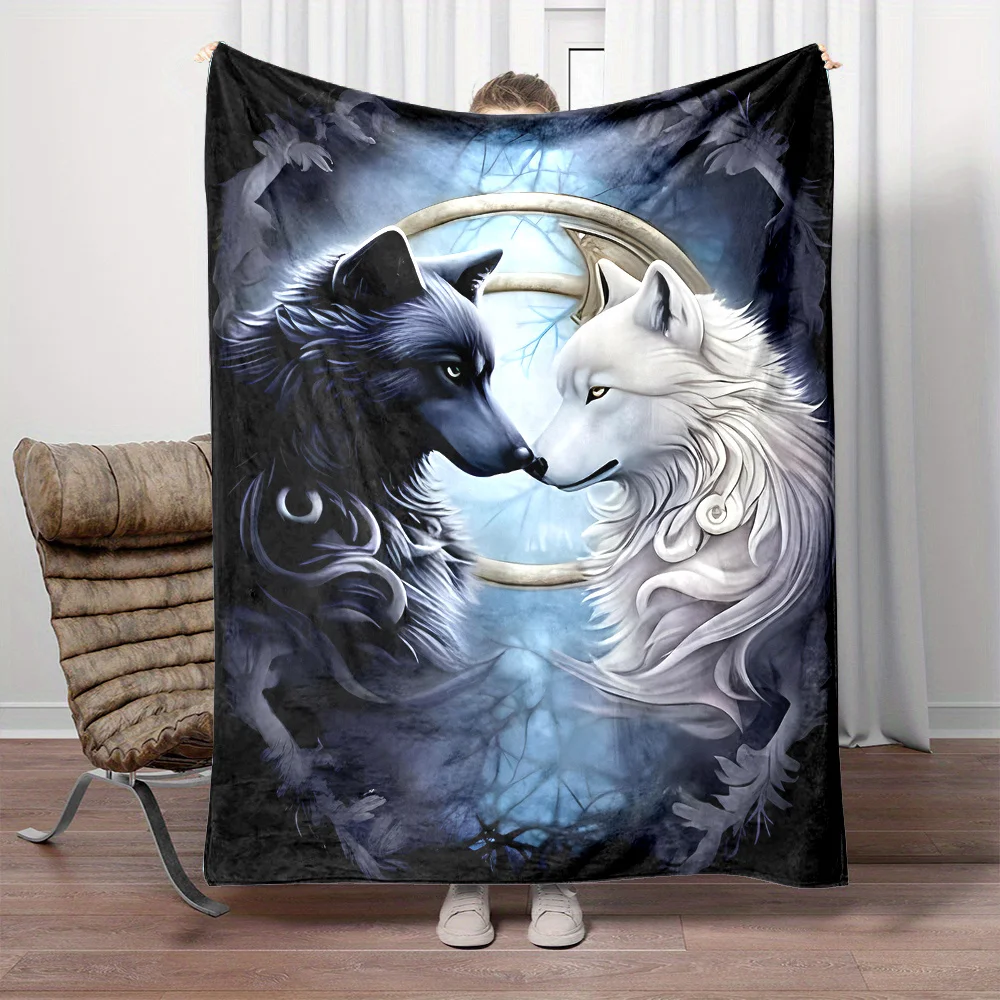 1. Yin Yang Black White Wolf Print Flannel Blanket Soft Throw Blanket for Sofa Bed Couch Living Room All Season Home Decor Gift