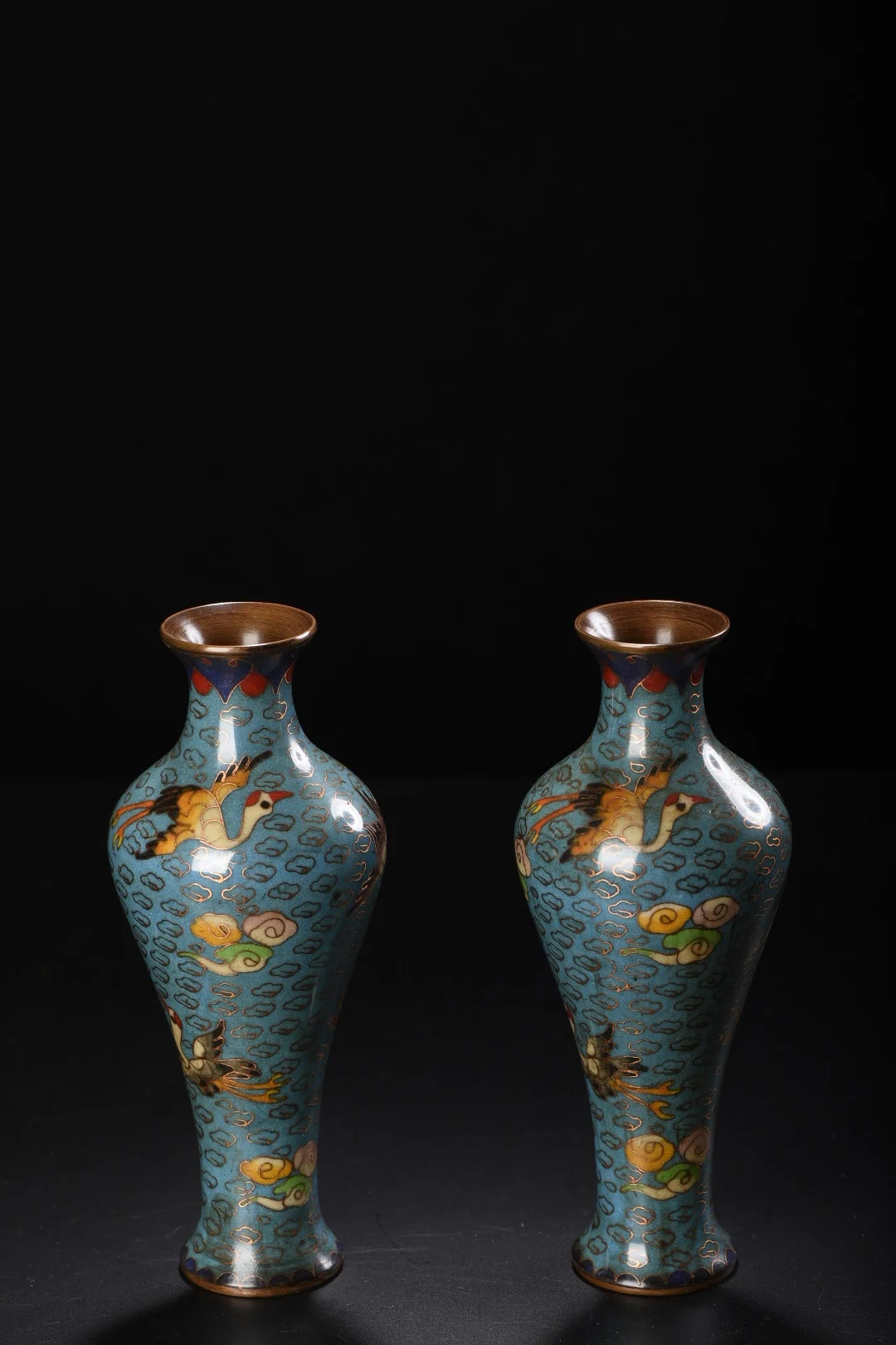 

8"Tibetan Temple Collection Old Bronze Cloisonne Enamel Crane Cloud Texture Plum Bottle Vase A Pair Amass wealth Ornaments