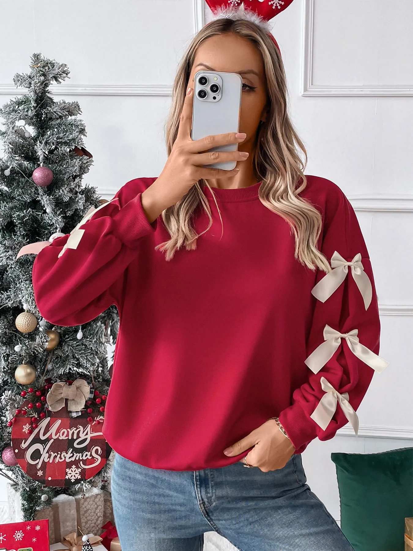 Round Neck Bow Sweatshirt Regular Length Sweet and Fresh with Pullover Patchwork Regular Sleeve Autumn Loose Fit Women Hoodie