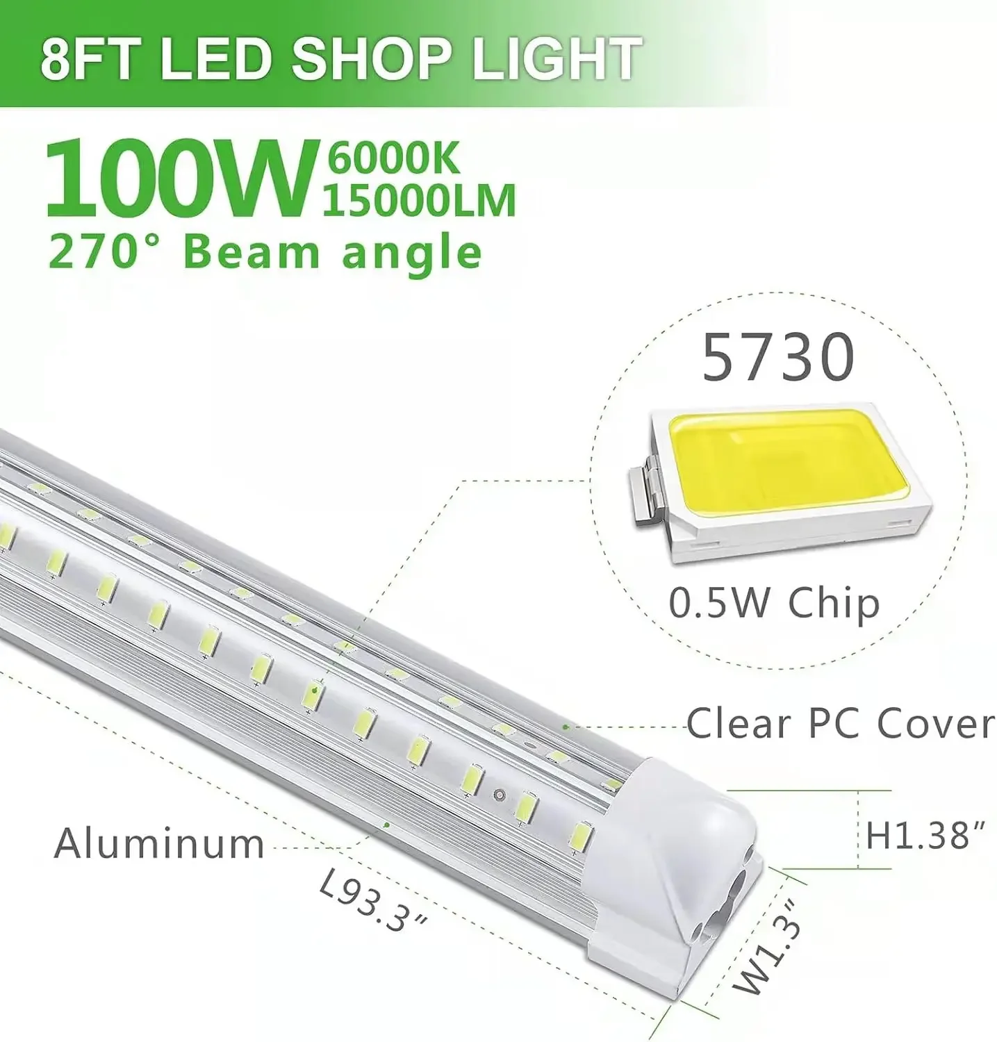 LED Shop Light Garage Light,100W 6000K White Light 15000LM Super Bright,Hanging/Surface Mount,Linkable T8 LED Tube Lights for Ga