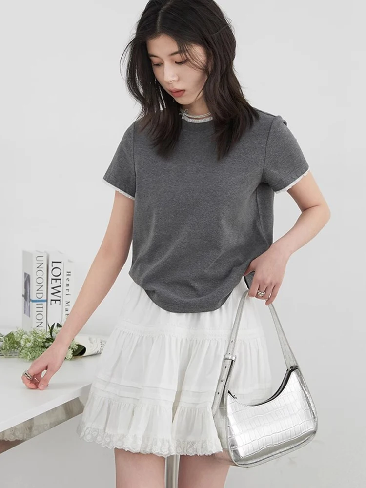 CHIC VEN Fashion Women T-Shirts O Neck Slim New Lace Patchwork Short Sleeved Tees Casual Clavicle Line Female Top Summer 2025