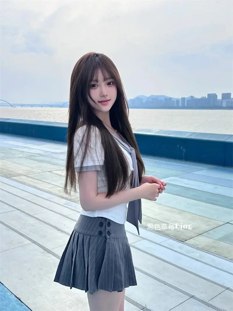 Korean Style Gentle Streamer V-neck Short Sleeve T-shirt women's Summer Slim White College Style Short  Top Jk Uniform Set