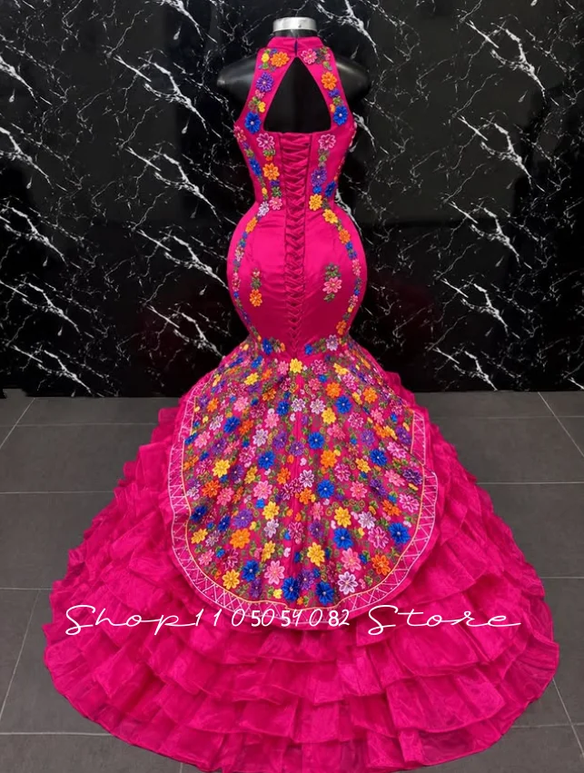 Fuchsia Mermaid Quinceanera Dress Halter Neck Colorful Floral Beaded Ruffle Tiered Evening Gown Women Party Dress Customizd