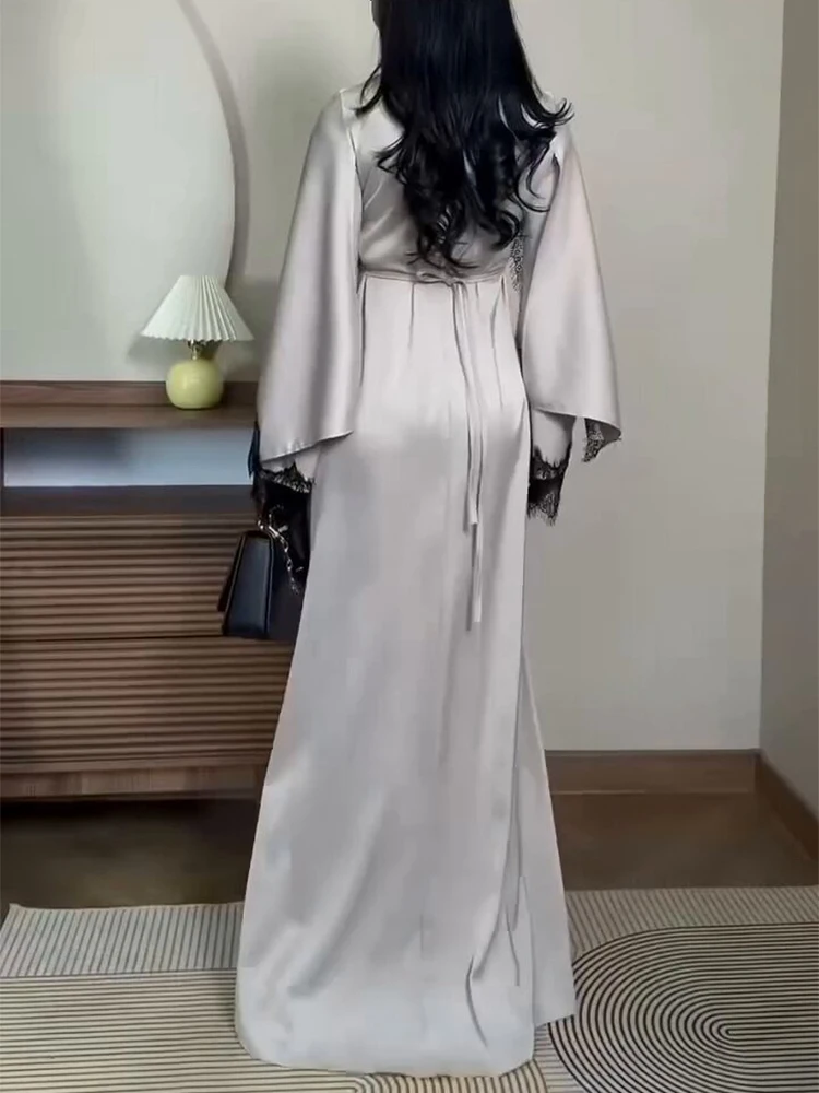 Fashion Lace Patchwork Commute Satin Dress Women Casual Long Sleeve Slim Long Dress Elegant High Waist Color Blocked Party Dress