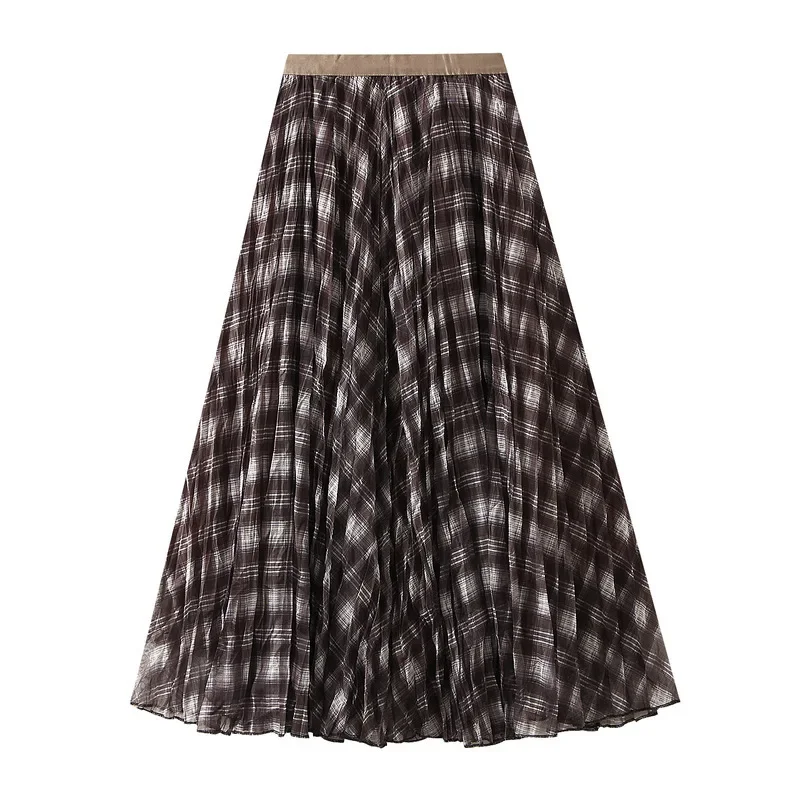 

Women Spring Autumn Plaid Pleated Long Skirt Female Fashion High Waist A-line Elegant Vintage Casual Skirts