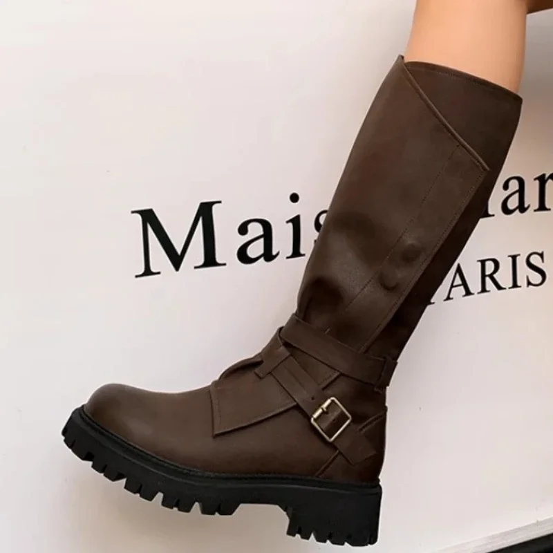 2024 Hot Selling Women\'s Boots Spring and Autumn Fashion Solid Color Buckle Round Toe Mid-heel Side Zipper Women\'s High Boots