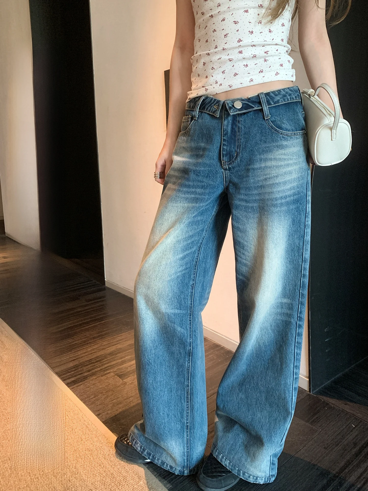 

Синие свободные джинсы прямого кроя с высокой талией для женщин, винтажные широкие брюки, новинка, женские джинсы