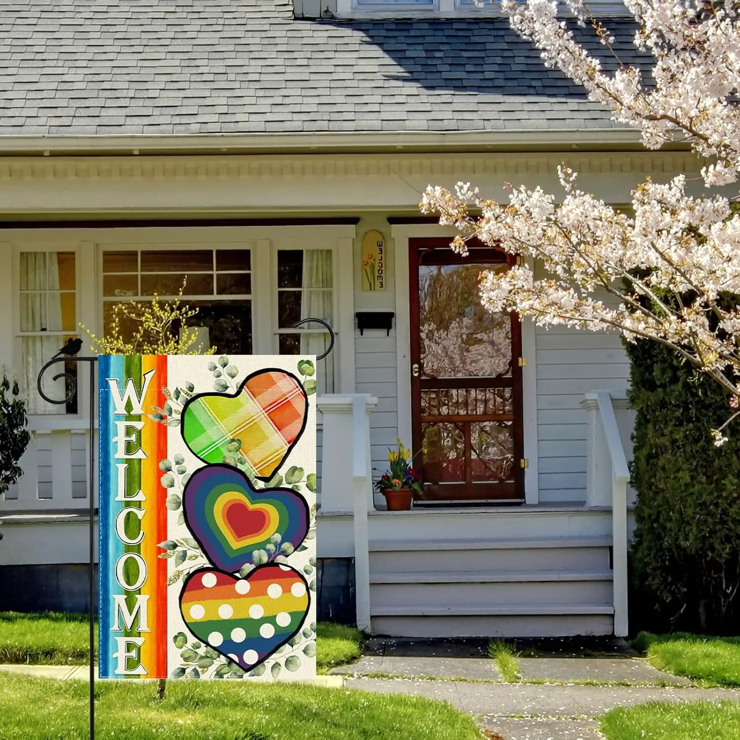 Welcome Pride Love Heart Rainbow Eucalyptus Leaves LGBTQ Garden Flag Inclusion Lesbian Gay Bisexual Transgender Equality Yar IIC