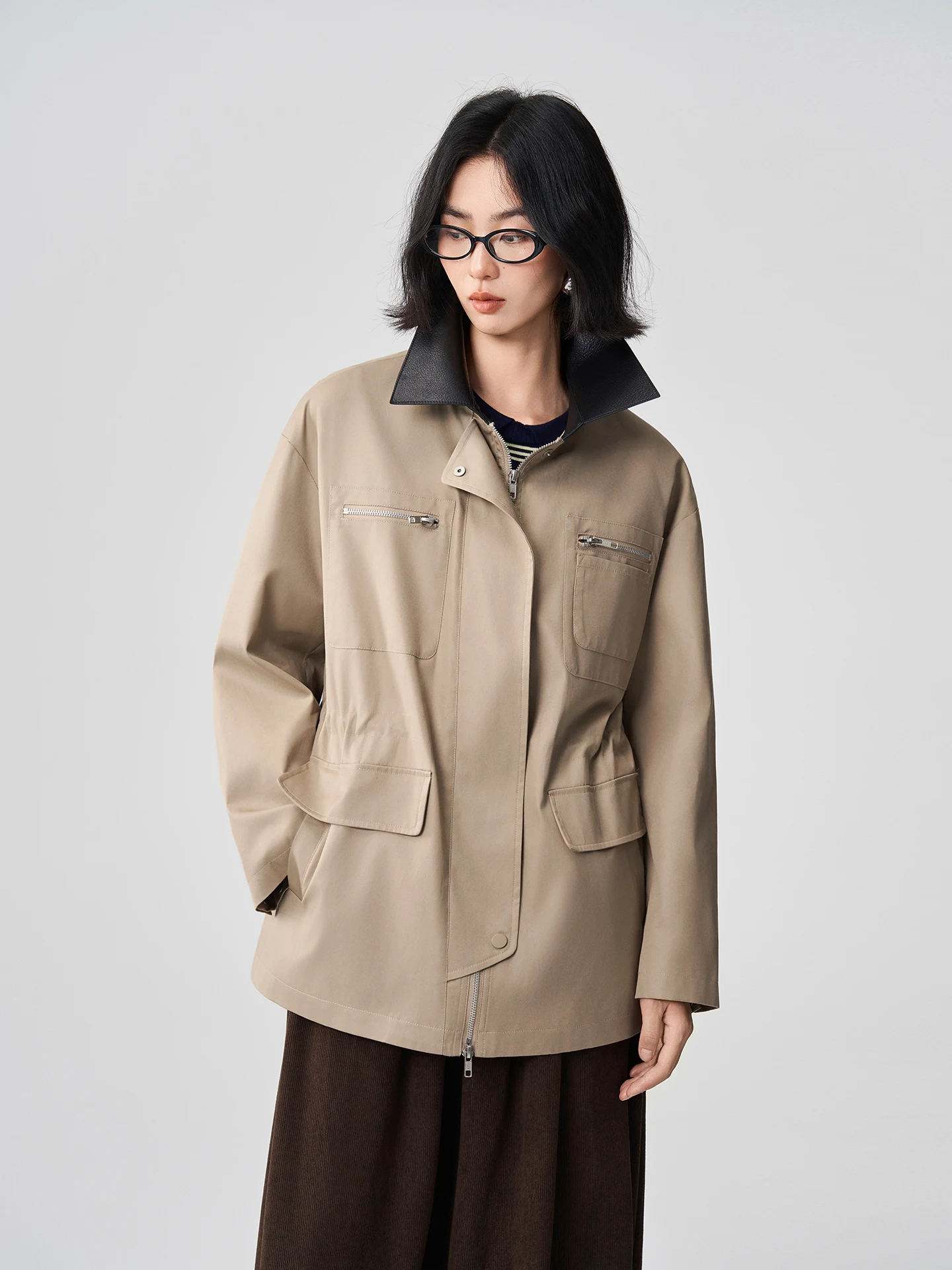 Manteau long décontracté pour femme Sis Marti, en coton de haute qualité, motif litchi en cuir, fermeture éclair, collection automne Maple High Cotton Balloon Sle Jaet