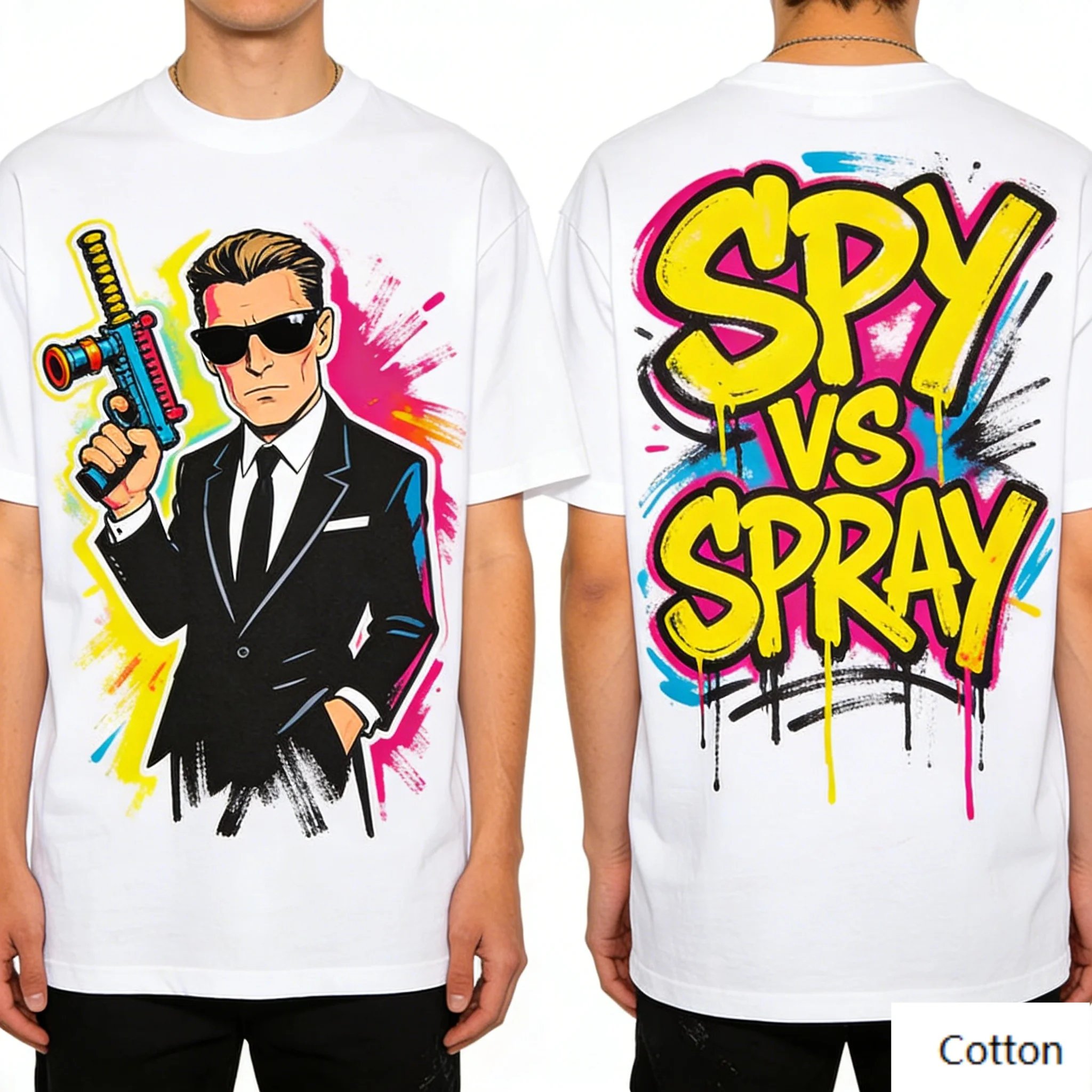 Camiseta Gráfica Vintage com Estampa de Desenho Animado de Espião, Camiseta Retrô de Algodão Puro com Estampa de Espião vs Spray Splash, Top Unissex Streetwear de Espião