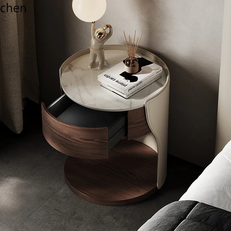Round Bedside Table with Semi-Enclosed Design, Simple Small Cabinet, Storage Cabinet