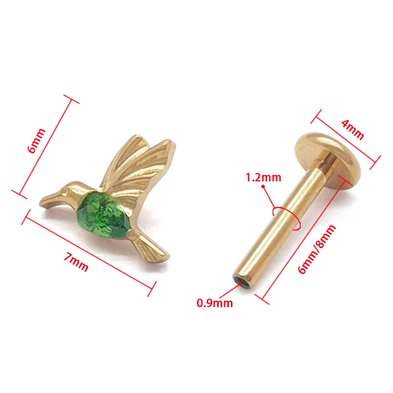 G23 Titanium hummingbird bird earrings earrings inset zircon inner teeth flat bottom straight rod gold lip nails