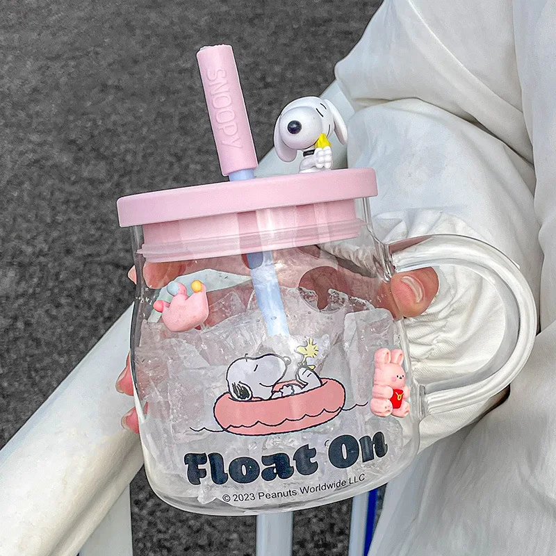 850Ml Anime Snoopy Straw Cup with Handle Glass Cup Home Boiling Water Cup Women's Large Capacity Cup Straw Cute Coffee Milk Cup