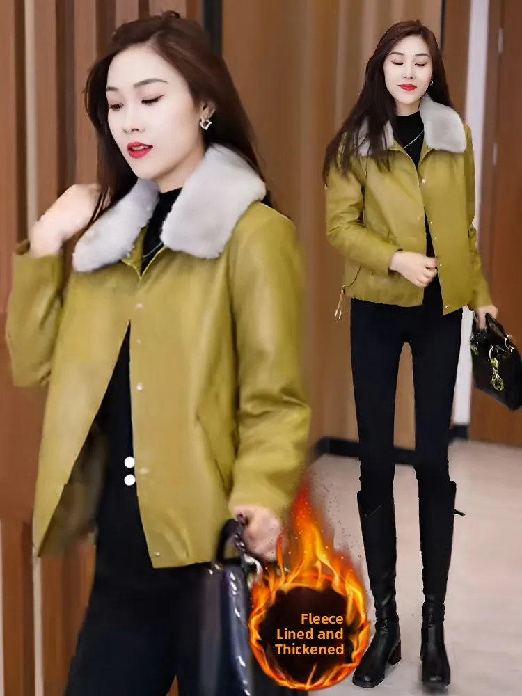 Dames ort Thiened Fce gevoerd leer Jaet Herfst Winter Nieuw ontwerp Veelzijdige Sli Commute Sle Long Sve Butt...