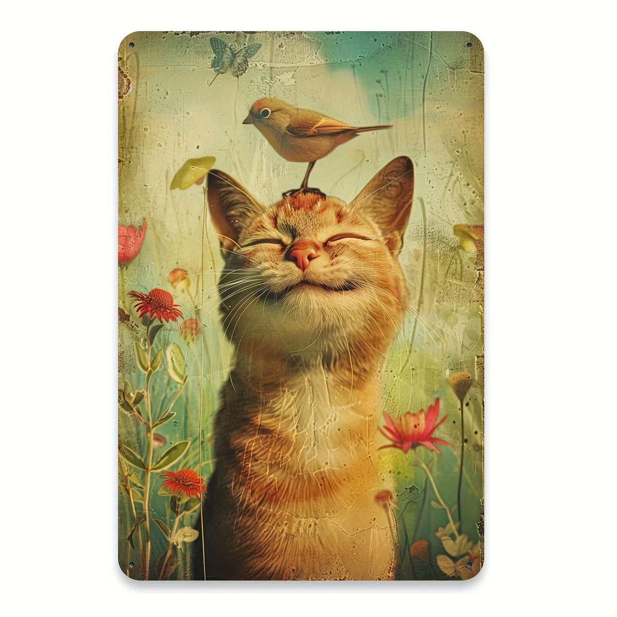 Charming Cat and Bird Vintage Metal Wall Art Sign - Whimsical Orange Tabby Cat with Flower Crown, Retro Iron Decor for Home, Off