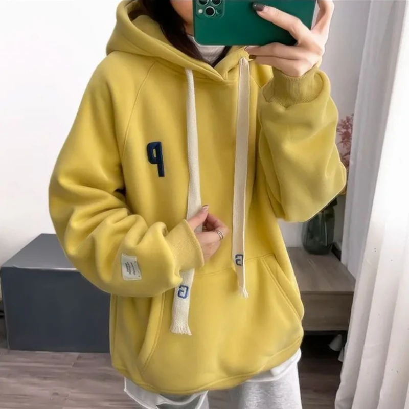 Relaxed Fit Letter Embroidered Fleece Lined Hoodie Women Heavyweight Warm Fall Winter Sweatshirt