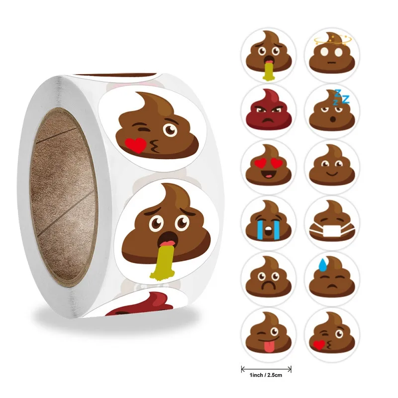 

12 Novel Funny Designs Pet Dog Poop Emoticons Reward Sticker Roll 500pcs/1inch for Party Gift Magazine Gift Office Teacher Label