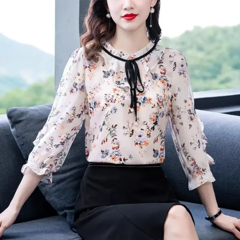 

Summer Simplicity Floral Fashion Chiffon O-neck 3/4 Sleeve Shirts Women Clothes Casual Appear Thin All-match Trend Tops XQ72