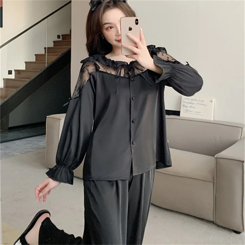 Black Long Sleeve Pants Floral Print Woman Satin Pajama Sets Ensembles 2 Piece Two-Piece Lady Outfit Lounge Women Pijama Pj