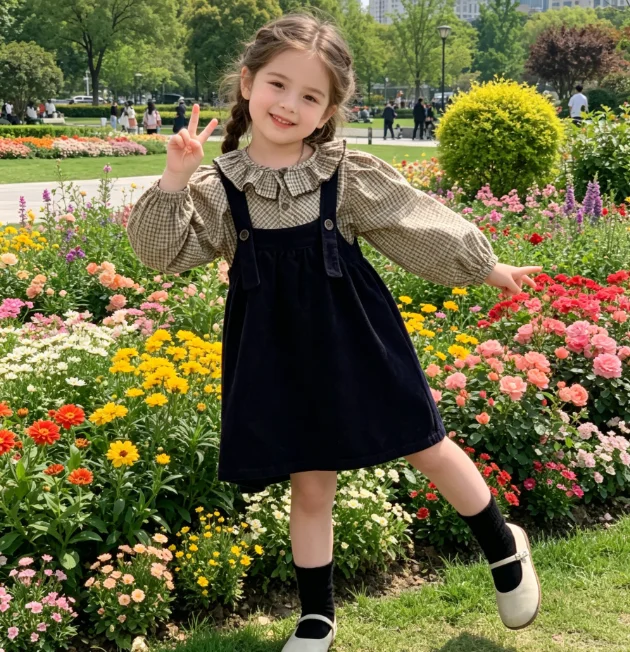 Girls' Suit 2026 Spring and Autumn New Children's Wear Korean Style Girl Baby Lace Collar Plaid Shirt Strap Skirt Two-piece Set