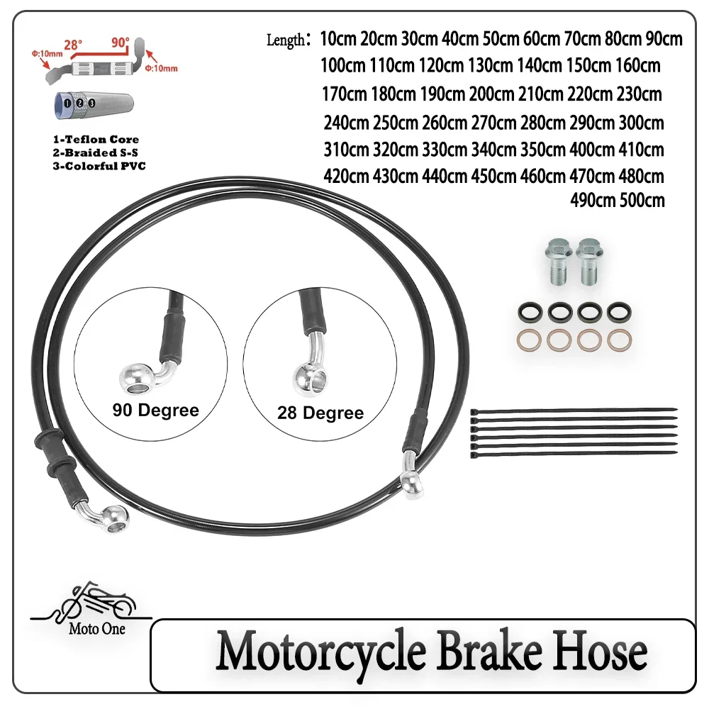 

10cm~500cm Motorcycle Brake Clutch Oil Hose Line Pipe Hydraulic Reinforced Stainless Steel Braided Hose 28° - 90° M10 Banjo