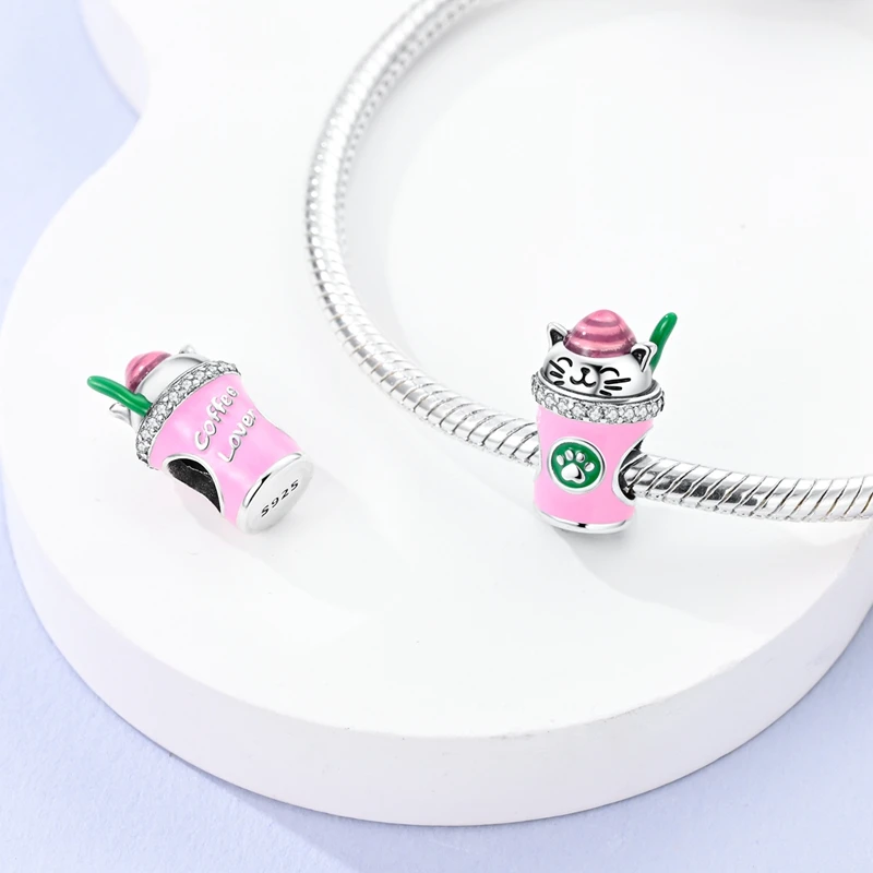 Original Charms 925 Silver Pink Cute Cat Coffee Cup Beads Fit Charms Plata 925 Bracelets For Women Women Jewelry Making Diy