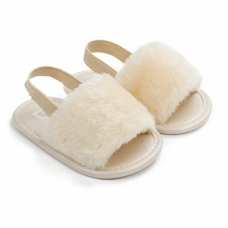 Newborn Baby Girl Slippers Plush Sandals Lightweight Casual Open Toe Fur Princess Flats Walking Shoes Baby Items Accessories