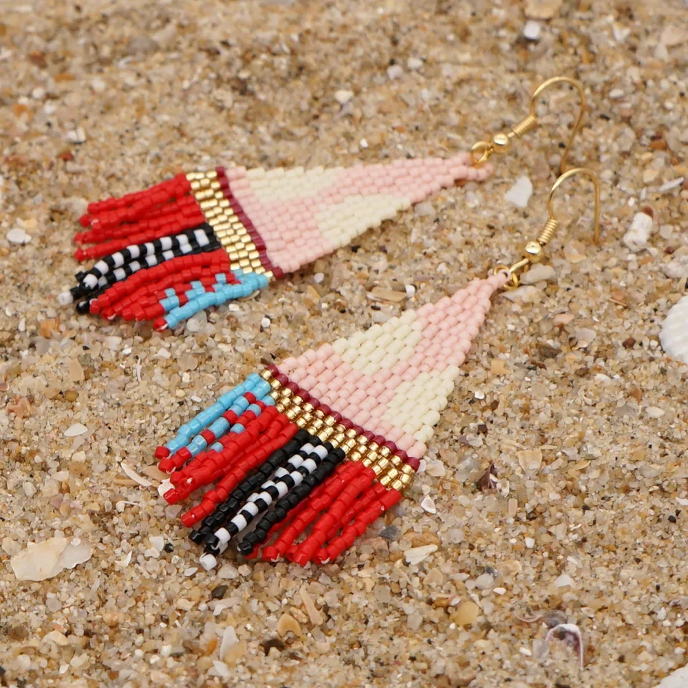 Fringe Earrings  Hand knitting  Bohemia  Beading  Simple  fashion  geometry  alloy  ma'am  Rice Bead Earrings