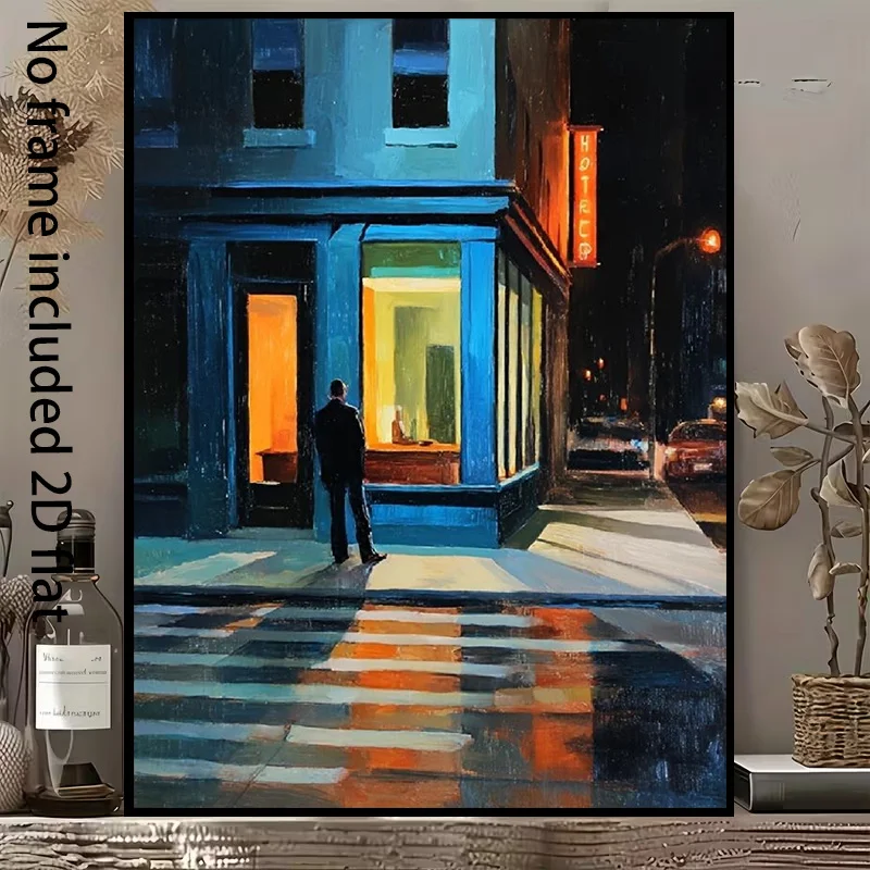 2D Flat, 2D Flat, A 2D Flat Canvas Painting Depicting a Man Standing in Front of a Bright Shop Window at a Blue Building on a