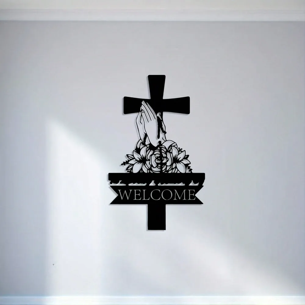 1PC Metal Wall Art Praying Hands Cross Religious Sign Floral Decor Faith Gift