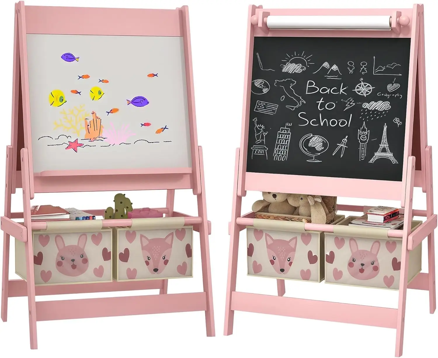 

3-in-1 Kids Art Easel with Paper Roll, Blackboard, Whiteboard & Storage Baskets, Pink Animal Design for Ages 3-8