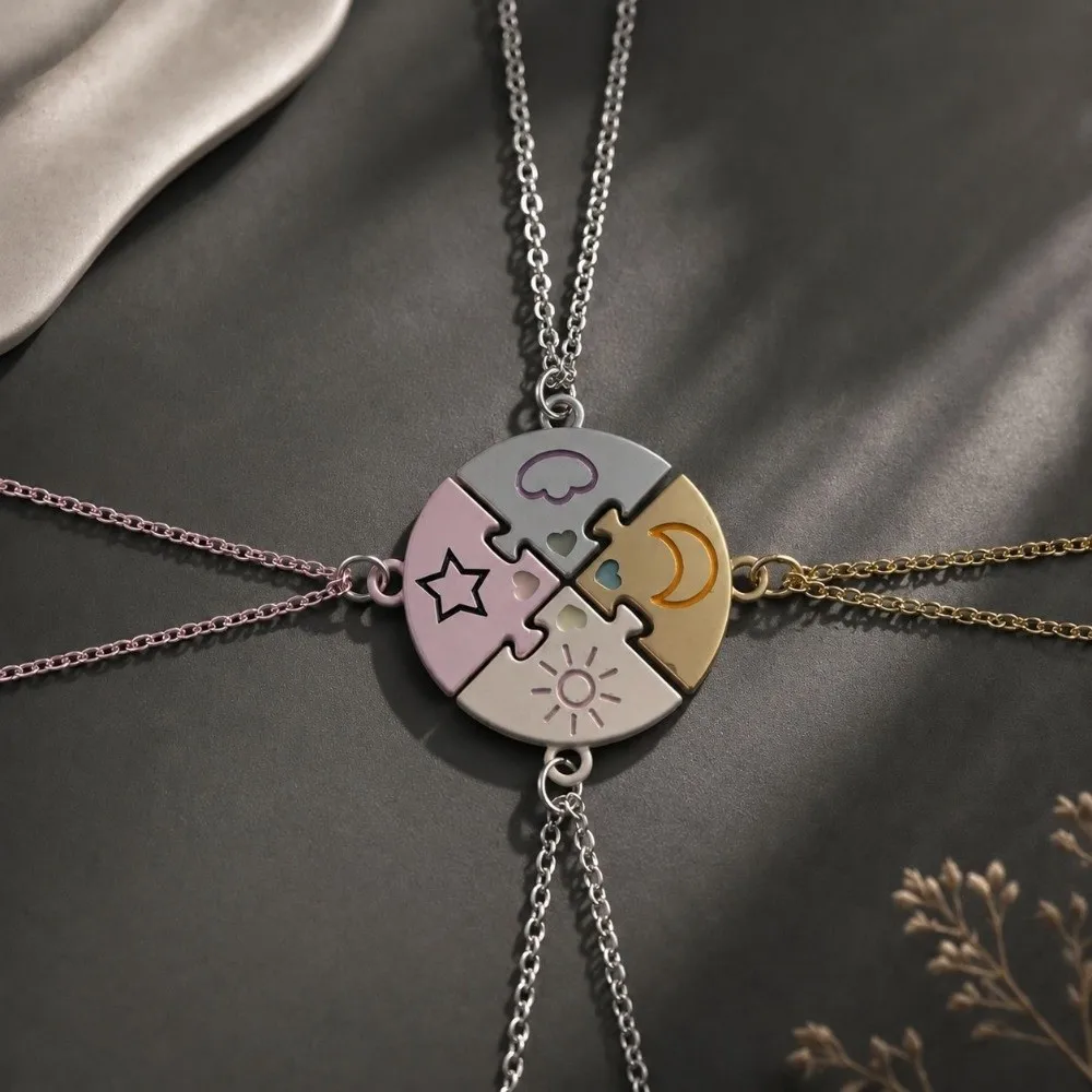 3/4 Tones Heart Puzzle Necklace Adjustable Portable BFF Friendship Jewelry Round Shaped Creative Puzzle Pendant Jewelry