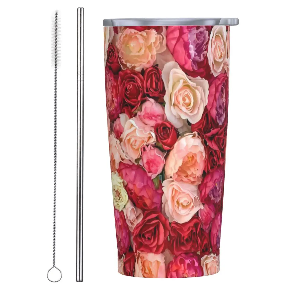 Blossom Rose Stainless Steel Tumbler White Pink Flowers Travelist Thermal Cups With Straws 20oz Car Mugs Cold Drink Water Bottle