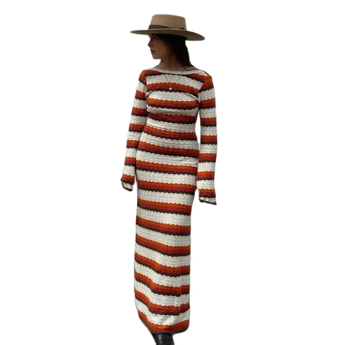 

Fashion Sexy Long Skirt Knitted Striped Cutout Hollow Long Dress Backless Cotton Lantern Sleeve Ruffle O Neck Women Dress Sweate