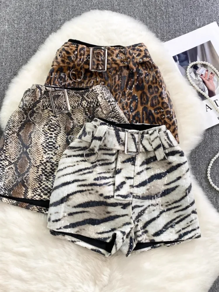 Sexy Y2k Leopard Shorts Autumn Winter Korean Fashion High Waist Slim Sequin Stitching Casual Wide Leg Boots Short Pants Women