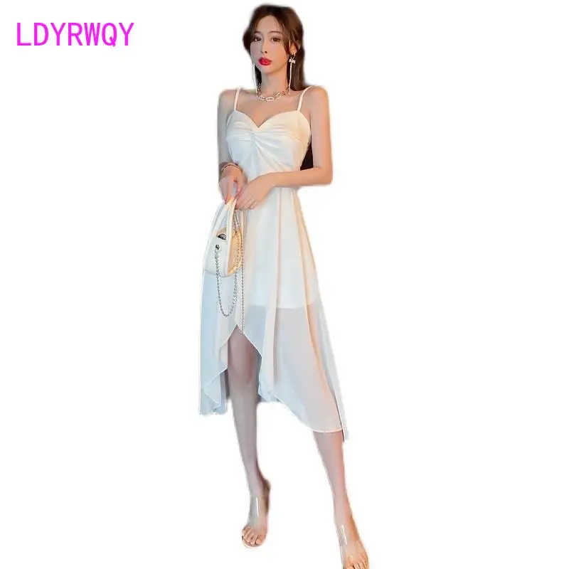 Slip skirt irregular chiffon panels, V-neck low-cut nipped-in waist dress, beach resort maxi dress
