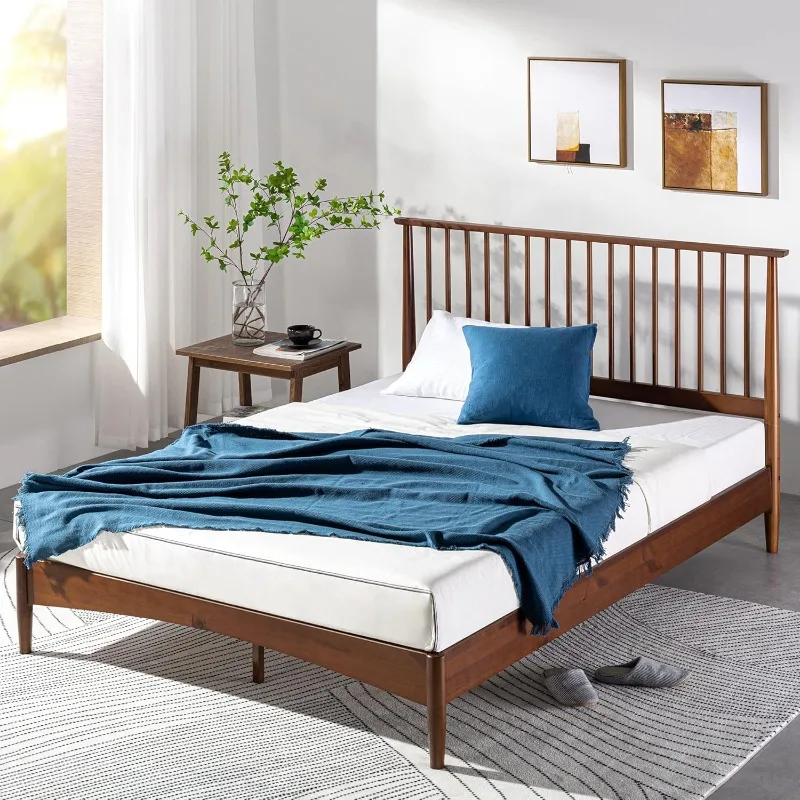 Linda Mid Century Wood Platform Bed Frame Solid Wood Foundation Wood Slat Support No Box Spring Needed Easy Assembly Queen